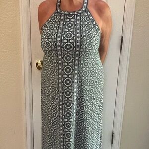 Max Studio Geometric Green, Blue,  and White Maxi Halter Dress